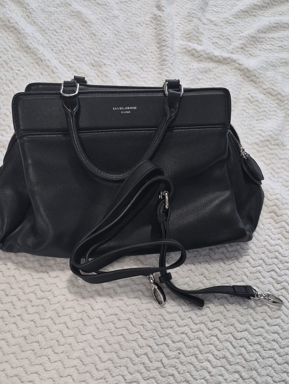 David Jones Black Leather Shoulder Bag with Detachable Strap